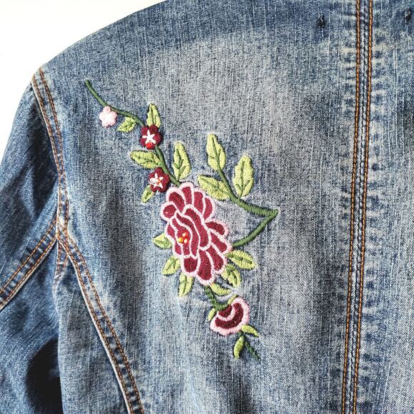 Y2K XOXO Women Denim Floral Embroidered Jacket Blazer S M Boho Phoebe Artsy - Picture 11 of 13